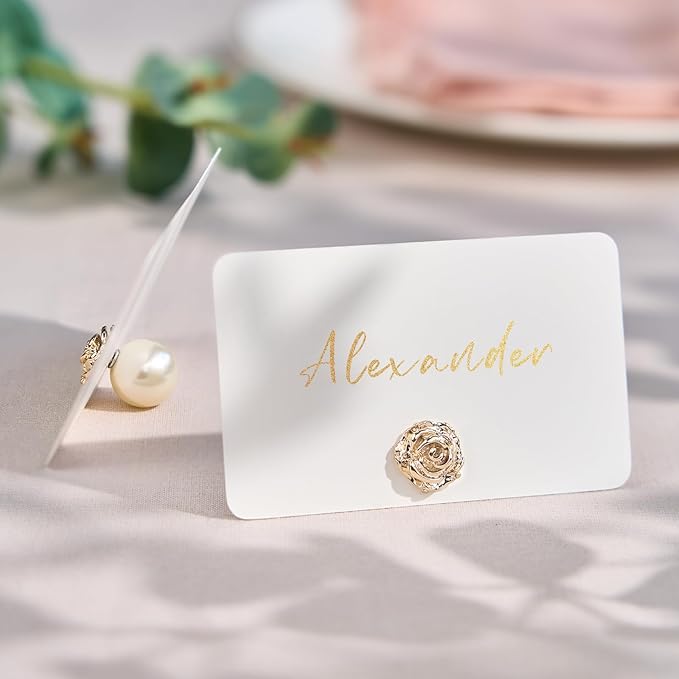 UNIQOOO 12Pcs Decorative Rose Floral Place Card Holders Bulk, Luxury Gold Metal Name Card Stands Set, for Wedding Table Setting, Business Card, Name Tag, Party Food Labels