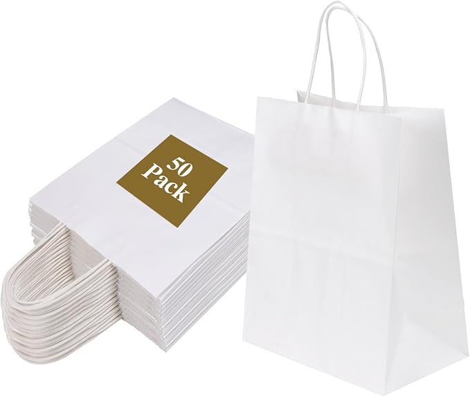 Joybe 50 Pack 8x4.75x10 Inch Medium White Kraft Paper Bags with Handles Bulk, Craft Paper Gift Bags for Party Favors Grocery Retail Shopping Business Goody Merchandise Take Out Blank Sacks (50pcs) by Joybe
