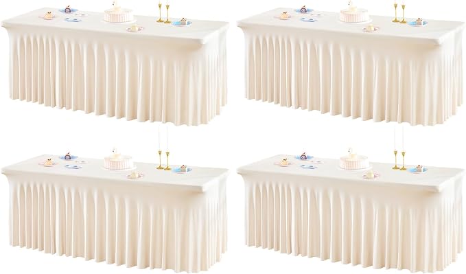4 Packs Ivory Table Clothes for 8 Foot Rectangle Tables, One-Piece Wrinkle Resistant Stretch Spandex Table Covers with Skirt for Event Banquet Wedding Birthday Party by PartyTalk