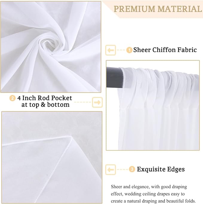 MODFUNS Ceiling Drapes for Parties White Sheer Chiffon Curtains 5x30FT 6 Panels Wedding Arch Drapes Fabric Sheers Arbor Drapery Tulle Ceiling Covering Fabric for Ceremony Stage Arbor Ornament - Image 4
