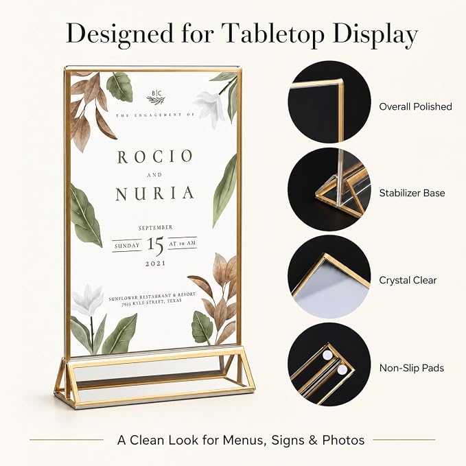 14 Pack Acrylic Sign Holder 8.5x11 Gold Frames, Wedding Table Number Holders Double Sided Vertical Clear Display Stand, Picture Holders for Tables, Menus, Flyers, Party and Office Decor - Image 3