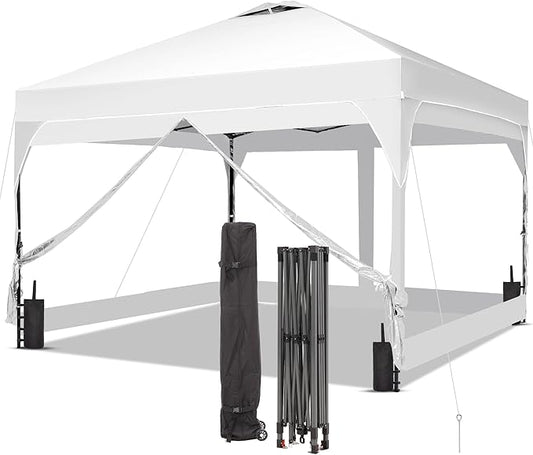 GDY 12x12FT Pop Up Canopy Tent with One Push Setup, Easy Setup Gazebo with 4 PVC Transparent Sidewalls,Includes Wheeled Bag. for Events, Parties, Camping, White.