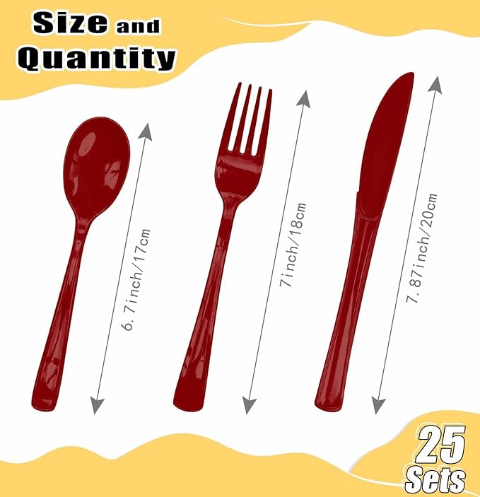 HEIPINIUYE 75 Pack Burgundy Plastic Cutlery Heavy Duty Burgundy Plastic Knives Forks and Spoons Disposable Silverware Set for 25 Guest Camping Birthday Baby Shower Party Cutlery Set