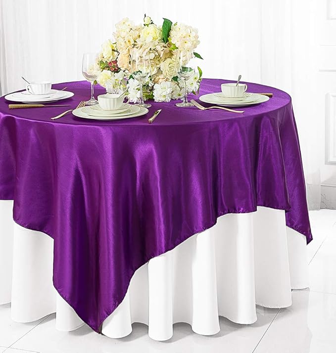 (2 PCS 54" Square Satin Table Overlays Toppers Tablecloths Table Overlay Cover Linens for Wedding Decoration Party Banquet Events - Purple