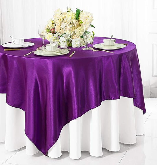 (2 PCS 54" Square Satin Table Overlays Toppers Tablecloths Table Overlay Cover Linens for Wedding Decoration Party Banquet Events - Purple