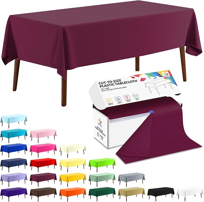 CXPSINC 54 Inch X 300 Feet Plastic Table Cover Roll Disposable Tablecloth with Slide Cutter for All Type/Shape Tables | Party, Banquet, Birthdays, Weddings(Burgundy, 300 Feet) by CXPSINC