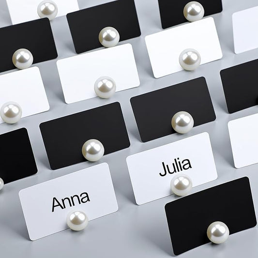 Leinuosen Decorative Pearl Place Card Stands and Cards Set, 48 Pcs Elegant Pearl Stands and 96 Pcs Black and White Card for Wedding, Table Place, Food Labels Business, Dessert Table Decor
