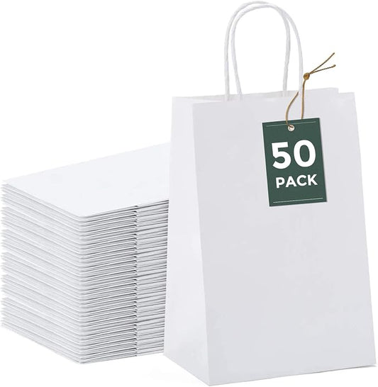 GSSUSA White Paper Bags with Handles, Small Gift Bags 5.25x3.75x8, 50 Pack | Sturdy Kraft Goodie Bags for Shopping, Retail, Wedding, Party Favors, Merchandise, Boutique, Crafts, and Gift Packaging. by GSSUSA