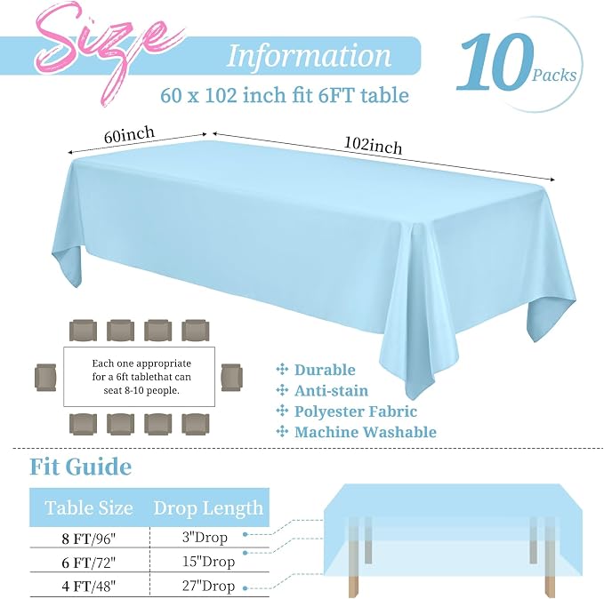Showgeous 60x102 Inch Light Blue Rectangle Tablecloth 10 Pack Fit 6FT Table | Stain Rectangule Polyester Table Cloth Wrinkle Resistant Washable Fabric Table Covers for Wedding Dining Parties - Image 2