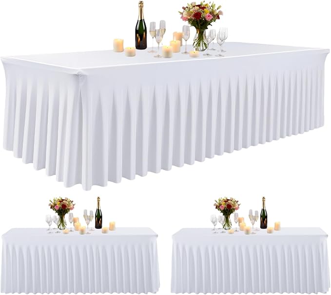 3 Pack White Spandex Table Clothes for 6 Foot Rectangle Tables, Fitted Stretch Table Cover 6ft White Spandex Tablecloths with Table Skirt for Weddings Birthday Parties Banquet Baby Shower by Zrlljp