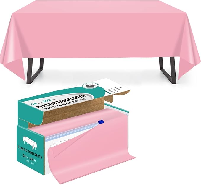 54 Inch x 300 Feet Pink Plastic Tablecloth Roll Disposable Table Cloth with Cutter Box Plastic Table Cover for Party by Unknown