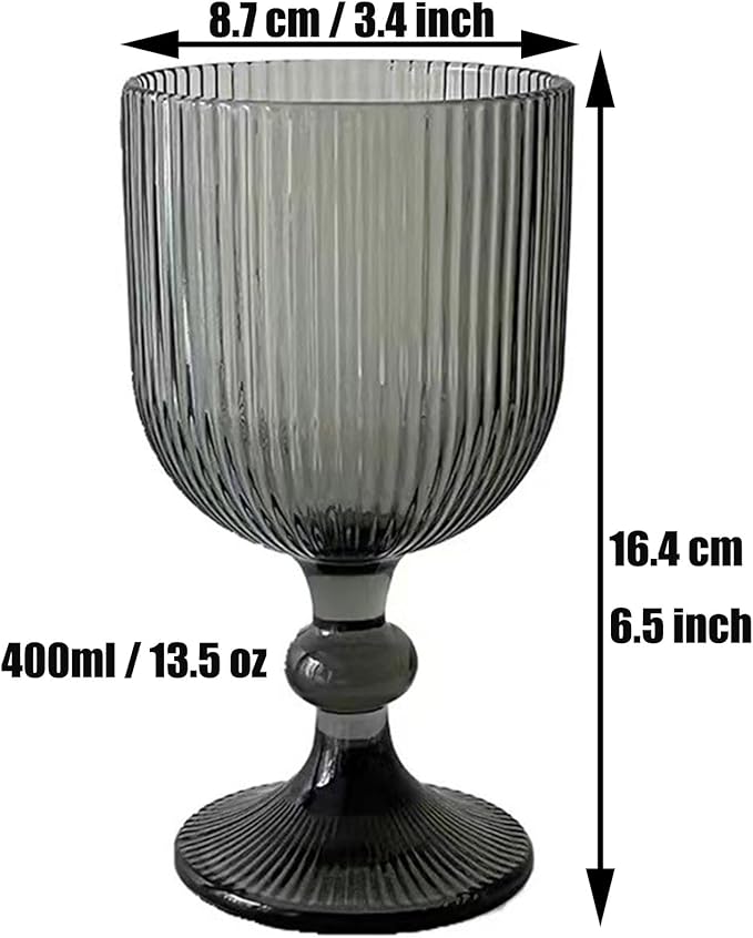Water Goblets set of 6 Vintage Glassware 13 oz Colored Wine Glass Drinking Glass Vertical Line Embossed Pattern Stemmed Cups for Wedding Party Bar Grey