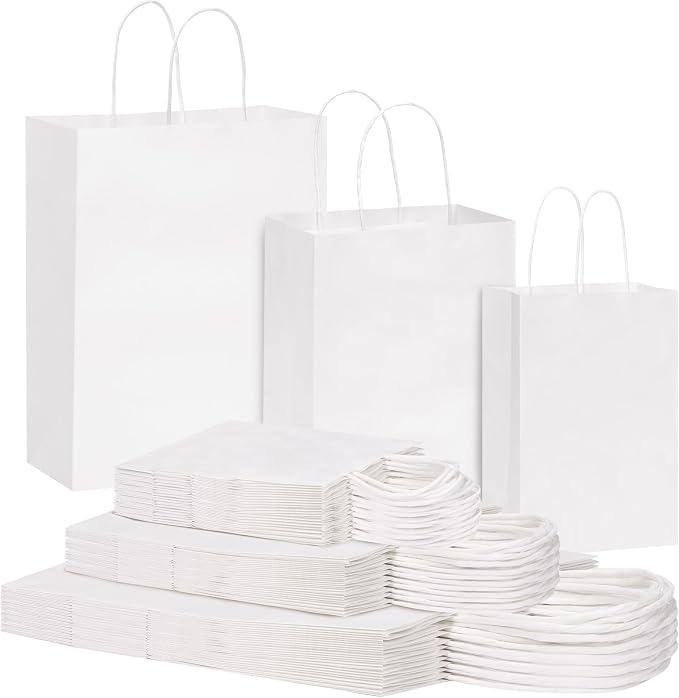 OUTUXED 120pcs Paper Bags with Handles Assorted Sizes Kraft White Bags | White Paper Gift Bags with Handles Bulk 3 Mixed Sizes for Retail, Party, Birthday, Gift, Shopping, Business, Merchandise by Outuxed