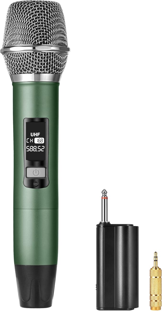 Rechargeable Wireless Microphone, Two Metal UHF Microphones with 1/4" Receiver, Plug-and-Play for Karaoke Singsing, Lecture, Stage Performance, PA System (Green - One Mic)