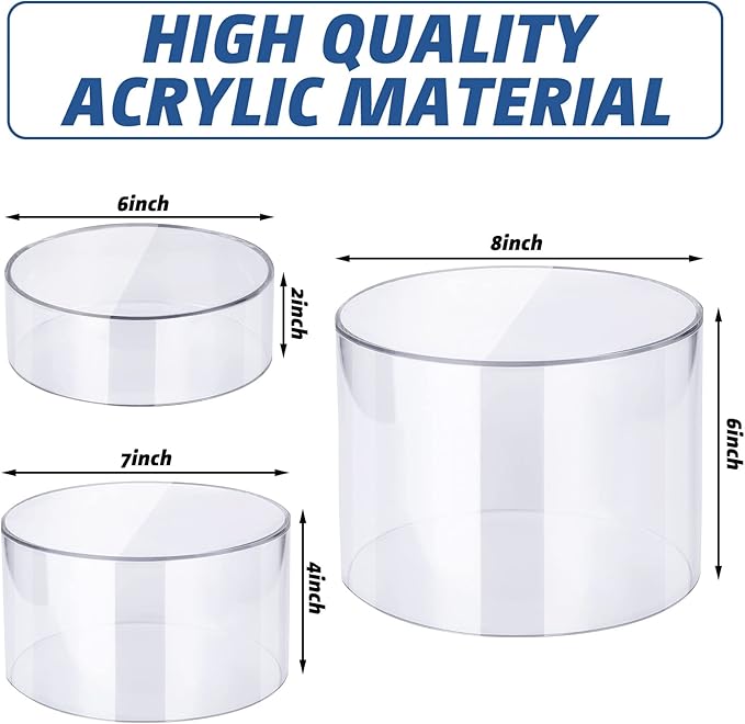 Weysat 3 Pcs Acrylic Risers for Display Stands, Round Cake Dessert Stand 3 Sizes, 6"x2", 7"x4", 8"x6", Food Risers Cylinder Nesting with Hollow Bottom for Wedding Parties Brunch Jewelry Show (Clear)