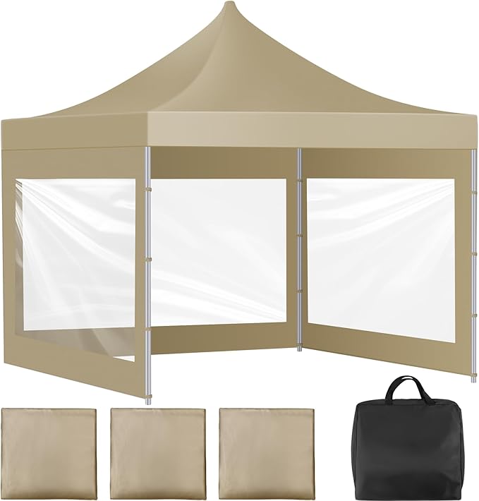 3 Pcs Clear Canopy Sidewalls with Black Storage Bag Window Sidewall for 10 x 10 Inch Tent Waterproof Shade Wall, Sunwalls Only, Canopy Tent Not Included, No Zipper(Khaki)