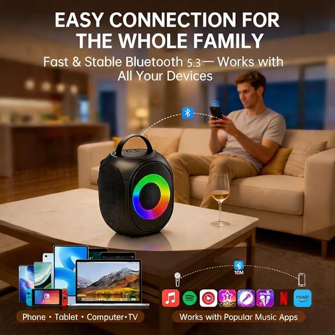 Kinglucky Karaoke Machine for Kids & Adults, Portable Bluetooth Speaker with 2 Wireless Microphones,Powerful Sound, LED Lights, PA System for Birthday Parties and Family Fun Gifts for Loved One