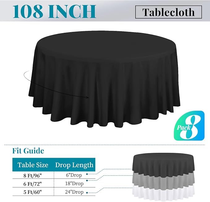 fani 8 Packs Black Round Tablecloth - 108 Inch, Polyester | Table Cloth for Round Tables, Washable Fabric, TableCovers for Wedding, Party, Banquet, Dining Tables, Camping - Image 2
