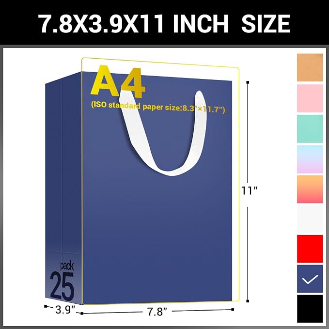 EUSOAR Paper Gift Bags, 25pcs 7.8"x3.9"x11" Navy Blue Kraft Wrap Bags with Handles Bulk Medium Size, Business Merchandise Grocery Retail Shopping Paper Bag Sacks Wedding Birthday Holiday Party Favors - Image 2