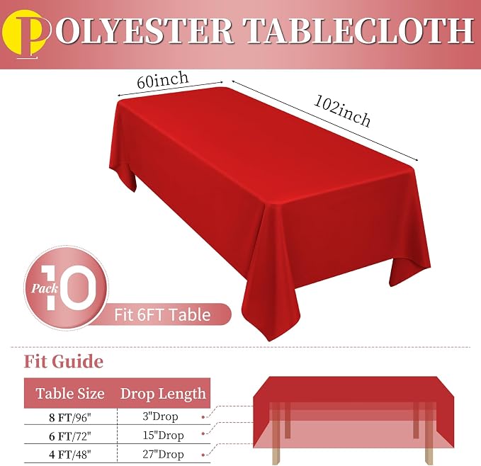 Teruntrue 10 Packs Red Polyester Tablecloth 60 x 102 inch Rectangle Table Cloth for 6 Foot Tables Wrinkle Resistant Washable Fabric Table Cover Polyester Red Table Cloth for Party,Wedding, Banquet - Image 2