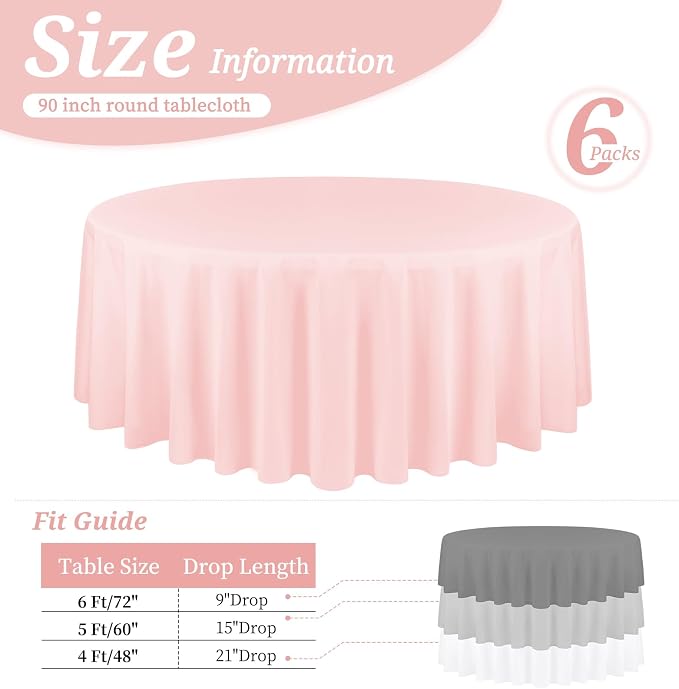 YMHPRIDE 6 Pack Round Tablecloths - Pink, 90 Inch Polyester Round Table Cloth, Washable Fabric Table Covers for Wedding, Party, Dining, Banquet - Image 2