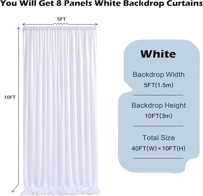 40ft x 10ft Wrinkle Free White Backdrop Curtain for Parties, 8 Panels Silky Polyester White Wedding Drapes for Backdrop 10 ft Photo Back Drop Fabric Cloth for Party Graduation Photography Background - Image 2