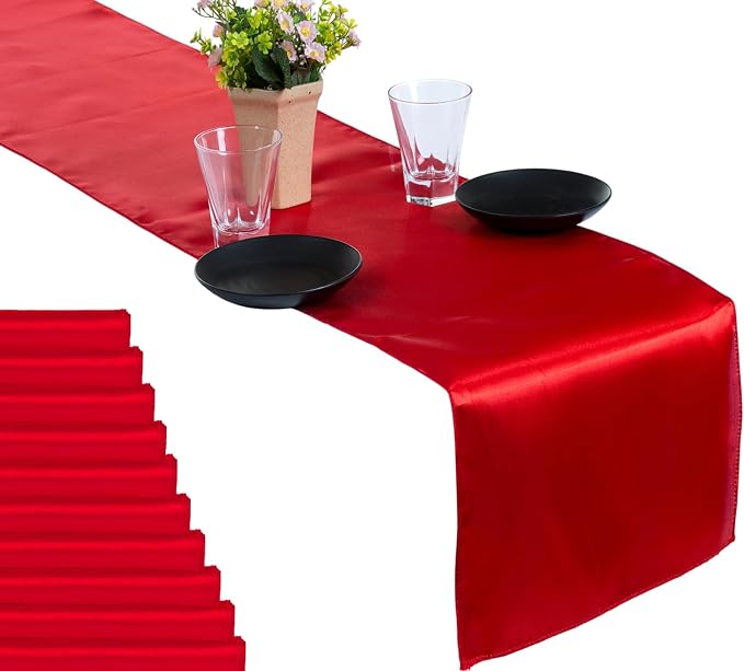 100 PCS Satin Table Runners 12 x 108 Inch Charmeuse Sateen Silk Table Runner for Indoor Outdoor Wedding Reception Birthday Graduation Party Event Banquet Dining Table Decoration - Red by MDS
