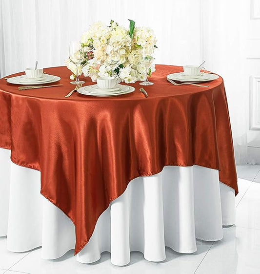 (2 PCS 54" Square Satin Table Overlays Toppers Tablecloths Table Overlay Cover Linens for Wedding Decoration Party Banquet Events - Rust
