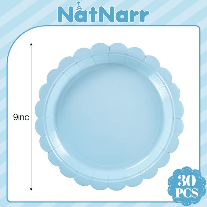 NatNarr 30 Pcs Light Blue Plates, 9 Inch Scalloped Blue Plates Dessert Party Plate Cute Paper Plate for Coastal Sea Beach Party, Boy Baby Shower, Birthday, Bachelorette (Pack of 3) - Image 2