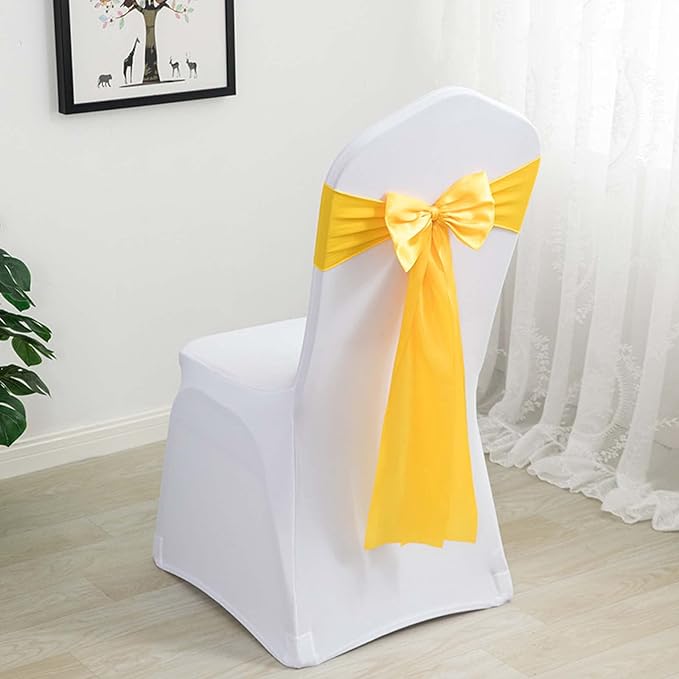 Dimatic 50 PCS Satin Chair Sashes Bows Chair Back Tie Bands for Wedding Banquet Events Reception Supplies Party Decoration Chair Cover sash (Yellow) - Image 2
