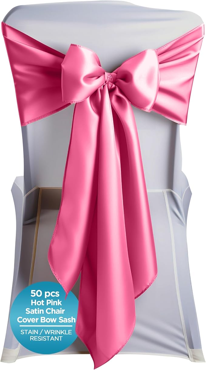 Leading Linens 50 pcs Hot Pink 108"x8" Satin Bow Sash Chair Cover Decor | Elegant satin chair bow sashes, perfect for weddings, receptions, banquets, & parties. Reusable & washable. by LeadingLinens