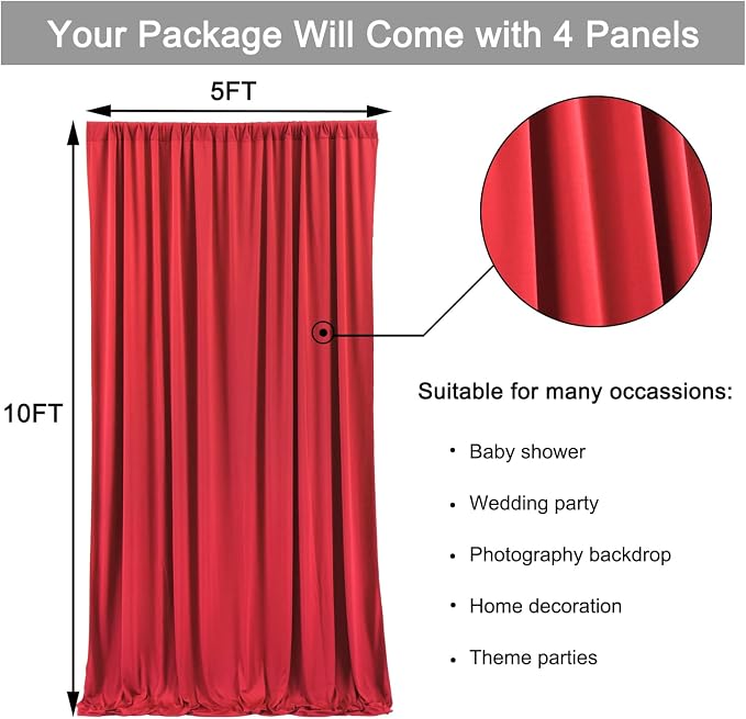 Outpain 20 ft x 8 ft Red Backdrop Curtain Panels, 4 Panels 5 ft x 8 ft Wrinkle Free Polyester Photography Backdrop Drapes, Wedding Party Home Decoration Supplies - Image 5
