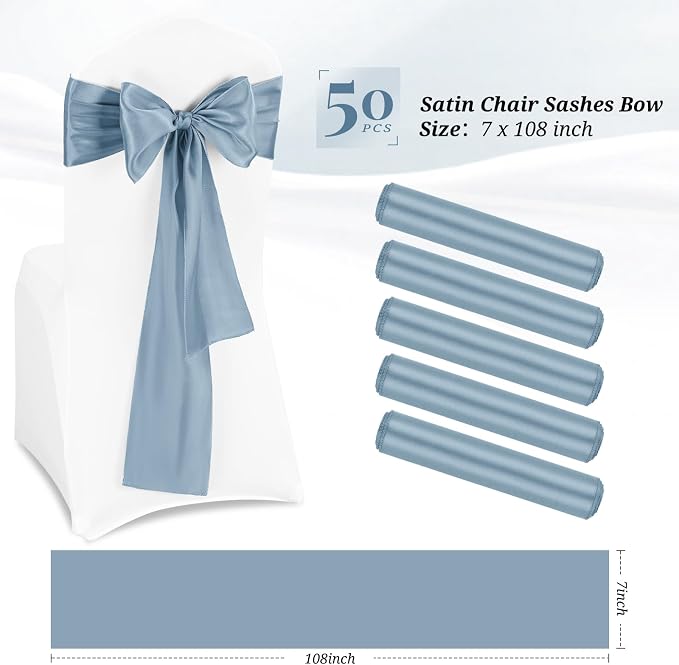 Pesonlook 50 Pcs Dusty Blue Satin Chair Sashes Ties, 7×108inch | Satin Chair Sashes Bows Chair Cover Back Tie Supplies for Wedding Reception Events Banquets Party, Hotel Event, Chairs Decor - Image 2