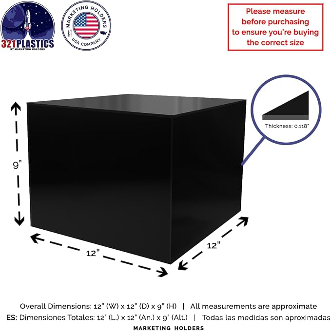 4 Pack 12" x 12" x 9" Acrylic Display Box with One Open Side No Lids Versatile Glossy Black Retail Product Riser or Merchandise Storage Bin by Marketing Holders - Image 6
