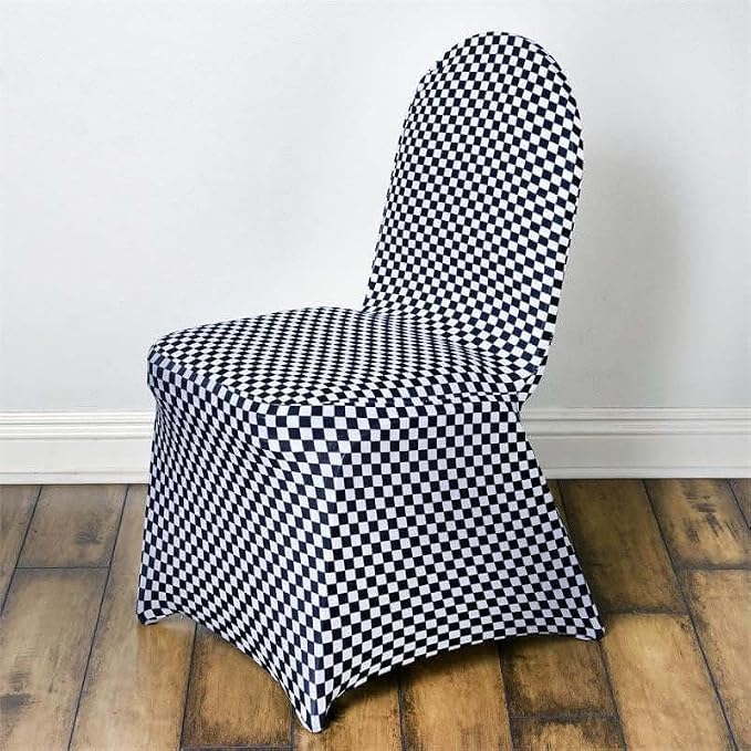 Efavormart 10 PCS Black/White Checkered Plaid Spandex Stretch Banquet Chair Covers for Party Dining with Foot Pockets Washable Wedding Chair Slip Covers for Outdoor - Image 2