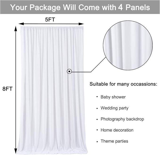 20 ft x 8 ft White Backdrop Curtain Drapes for Wedding Parties, 4 Panels 5 ft x 8 ft Wrinkle Free Polyester Photo Drapes for Birthday Party Baby Shower Backdrop Stand - Image 7