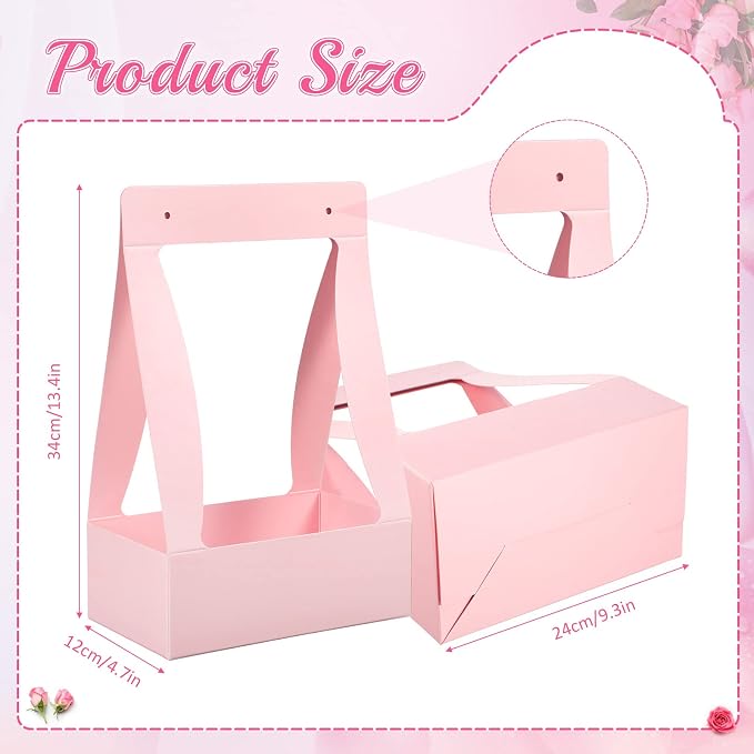 Teling 12 Pcs Flower Boxes for Arrangements Paper Pink Flower Gift Bags for Bouquets Portable Waterproof Floral Box with Handle for Wedding Floral Bar Party Decor Florist Supplies - Image 3