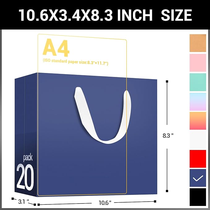 EUSOAR Blue Paper Bags With Handles, 20 pack 10.6"x3.1"x8.3" Kraft Paper Shopping Bag Bulk, Handled Paper Bags, Heavy Duty Sturdy Kraft Gift Package Craft Party Bag - Image 2