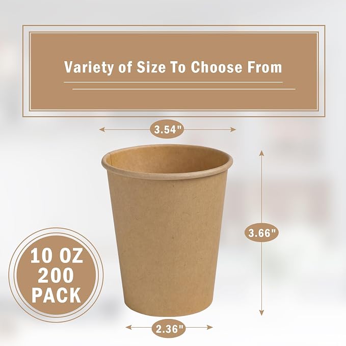 Lamosi 200 Pack 10 oz Kraft Paper Cups, Brown Disposable Paper Coffee Cups | Unbleached Paper Cups for Hot/Cold Beverages, Suitable for Home, Kitchen, Office, Party, Picnic, Travel, Cafe & Bar Use - Image 2