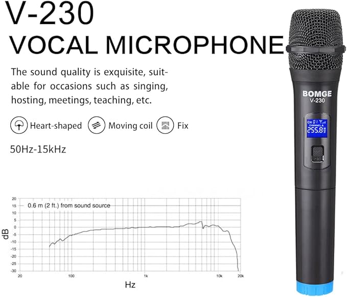 Wireless Microphone System, BOMGE Pro 4-Channel Cordless Mic Set with Four Handheld Mics, Fixed Frequency, Long Range 200ft, Ideal for Church,Karaoke, Events (V210)