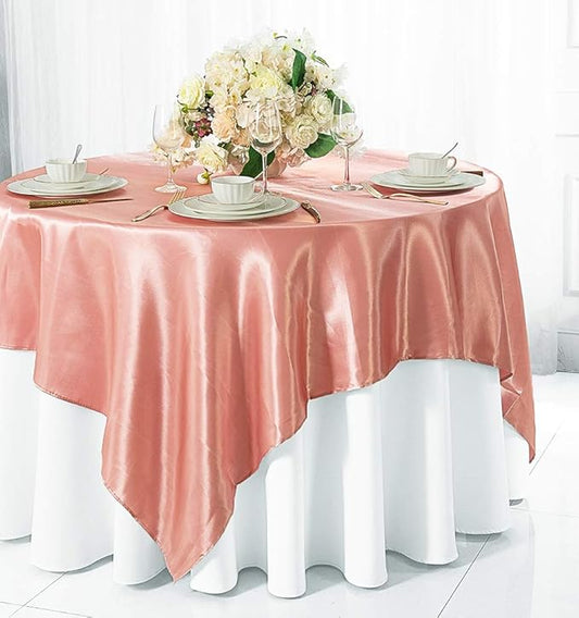 (2 PCS 54" Square Satin Table Overlays Toppers Tablecloths Table Overlay Cover Linens for Wedding Decoration Party Banquet Events - Rose Pink