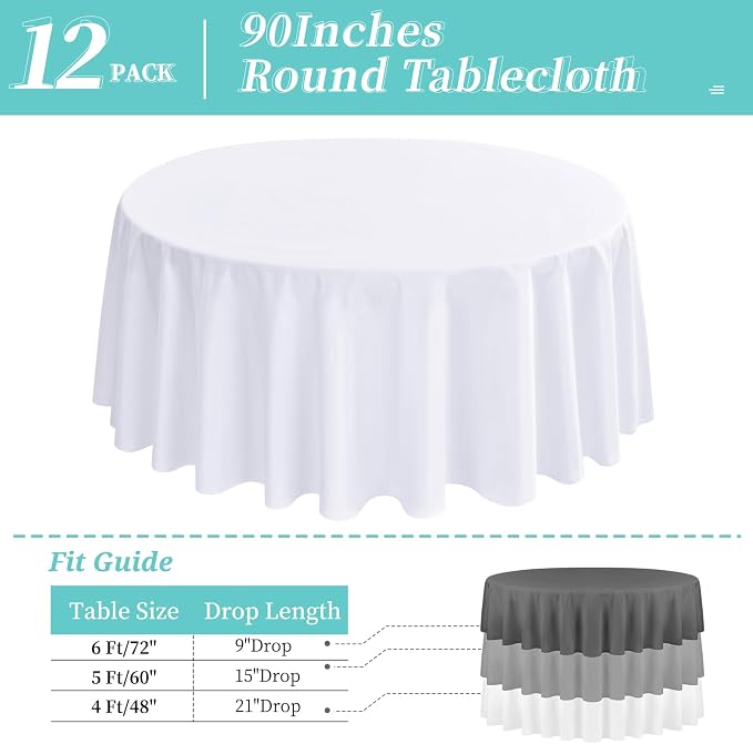 12 Packs 90 Inch White Round Polyester Tablecloths | Table Cover for Round Tables, Stain and Wrinkle Resistant Washable Table Cloth, Perfect for Wedding Banquet Parties - Image 2