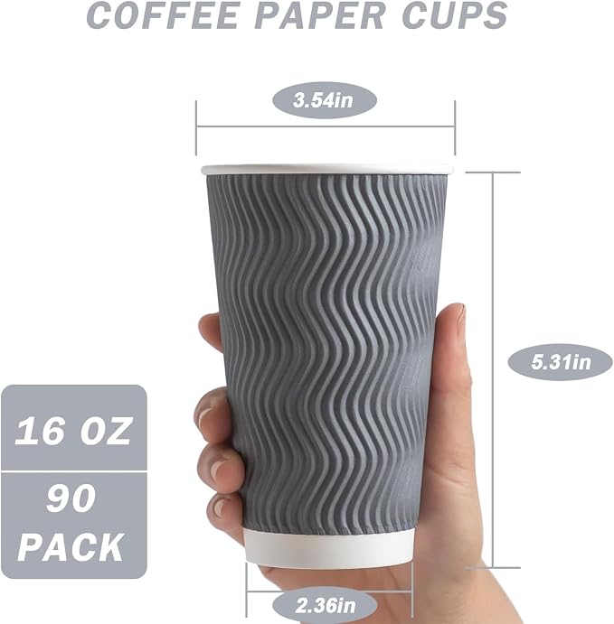 Clawsoff 90 Pack 16 oz Coffee Cups Disposable Insulated Paper Cup Gray | Premium Sturdy Ripple Wall, Ideal For Hot Beverage or Cold Drinks , Office, Home, Cafe, Party, Travel Daily Use - Image 2