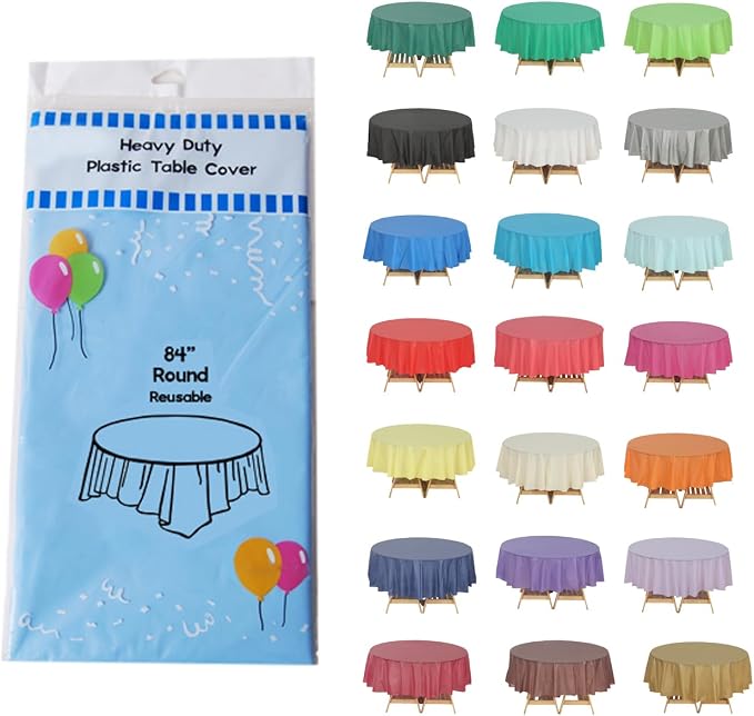 Evershine Case of 72 Pack Bulk Heavy Duty Light Blue Round 84" Plastic Table Covers Tablecloth (Reusable) (Round 84", Light Blue) by Evershine