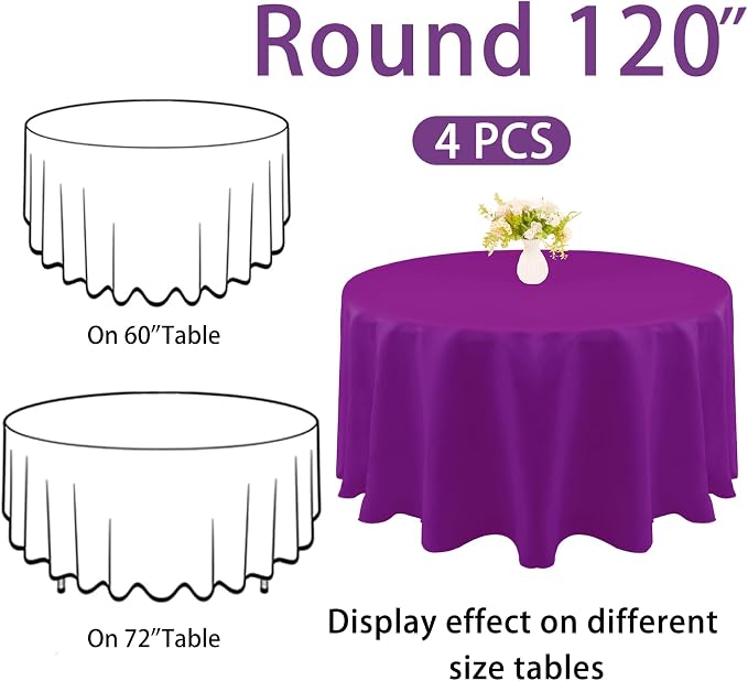 4 Pack Round Tablecloth 120 Inch Polyester Washable Fabric Table Covers for Wedding Dining Table Buffet Parties Banquet Decoration（Purple） - Image 2