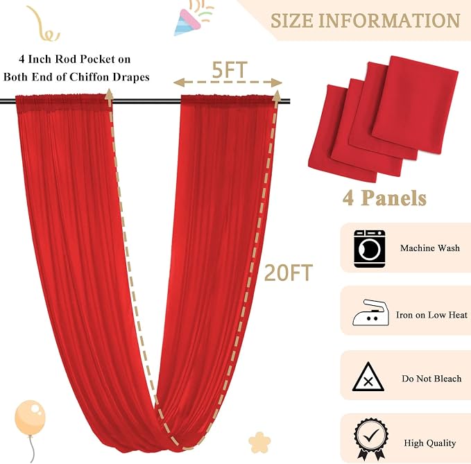 MODFUNS 4 Panels Red Ceiling Drapes 5FTx20FT Chiffon Fabric Draping Fabric Sheer Wedding Ceiling Drapery Chiffon Curtains for Backdrop Swag Drape Curtains for Wedding Arches Anniversary Tent Draping - Image 3