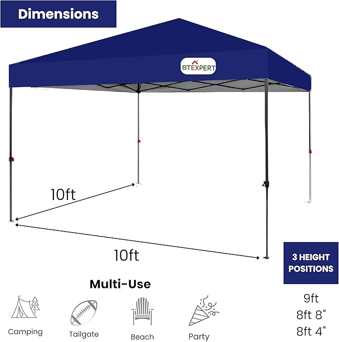 BTExpert 10x10 1-Person One Push Setup Instant Canopy Pop Up, 1 Touch Portable Folding Shelter Outdoor Gazebo Shade Tent w/Adjustable Height, Wind Vent Carrying Wheeled Bag Home Event Garden BBQ
