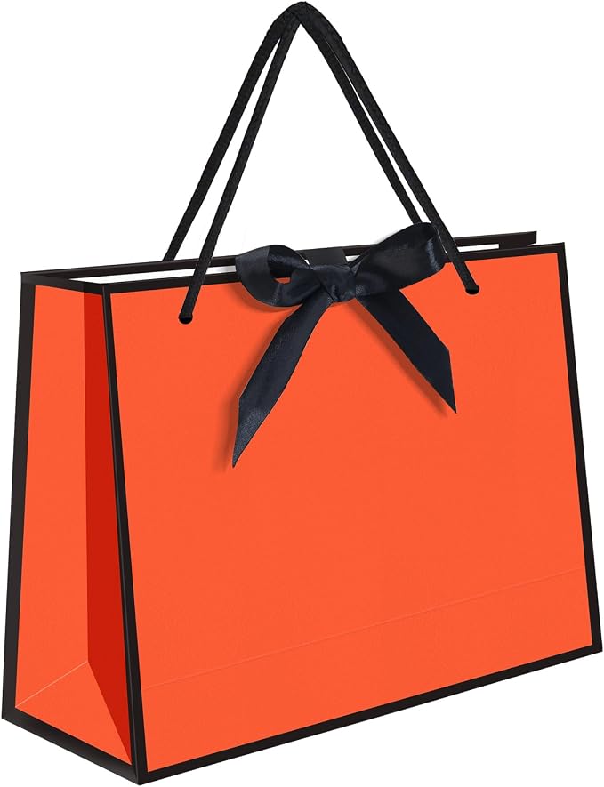 50 Pack Gift Bag with Bow Ribbon Horizontal Paper Gift Bags Bulk for Women Men Birthday Wedding Bridesmaid Party Favor Shopping Retail Gift Sacks (Orange, 11x4x8 Inch (Pack of 50)) by QLSKO