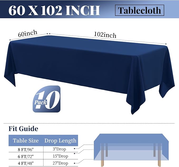 fani 10 Packs Navy Blue Tablecloth - 60 x 102 Inch for 6Ft Tables | Washable Polyester Fabric, Stain Wrinkle Resistant Rectangle Table Cloth for Wedding Banquets Parties Buffet Dining - Image 2