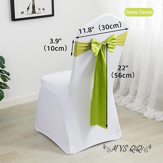 Pack of 100 Spandex Sashes - Satin Chair Ribbons and Bows for Wedding, Party, Banquet, Hotel, Home, Kitchen Chair Cover Decoration (100 PCS Grass Green) - Image 2
